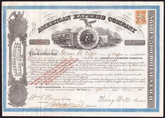 1866 American Express Stock | Signed by Henry Wells & William Fargo
