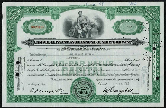 Campbell, Wyant and Cannon Foundry Company Stock Certificate