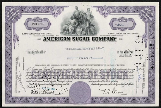American Sugar Company Stock Certificate Purple 