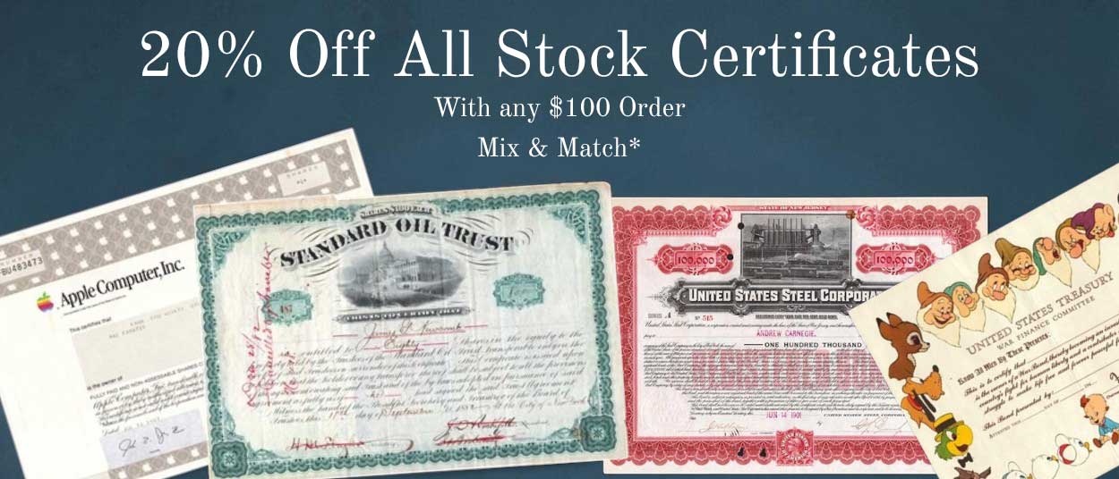 20 Off Old Stock Certificates  Stock Certificate Sale